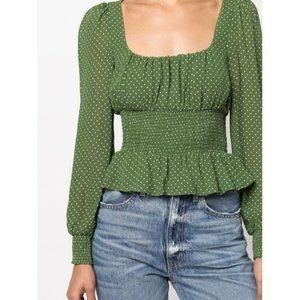 Reformation Hearth Crop Top Blouse 0 XS Green Polka Dots Small Smocked 90s EUC